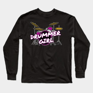 Drummer Girl Drum Kit Female Musician Drumming Long Sleeve T-Shirt